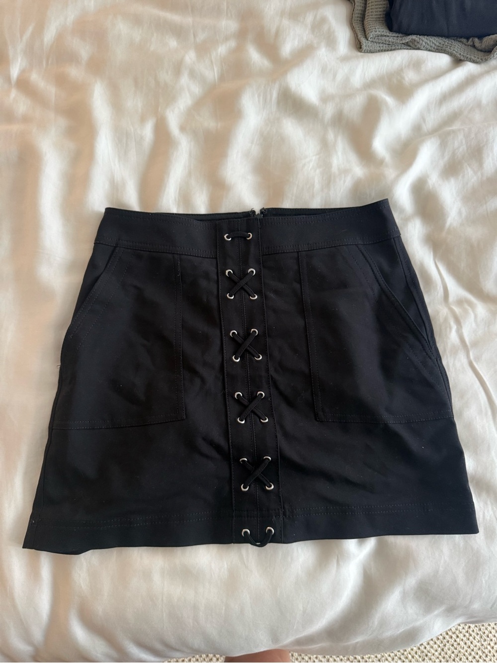 Express Black Lace-Up Front Mini Skirt with Pockets
